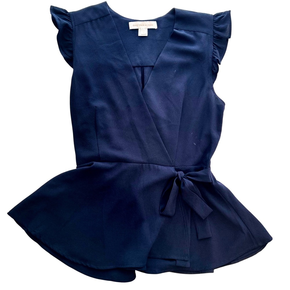 Monteau Women's Peplum Navy Blue Ruffle Sleeve Faux Wrap Blouse sz Medium